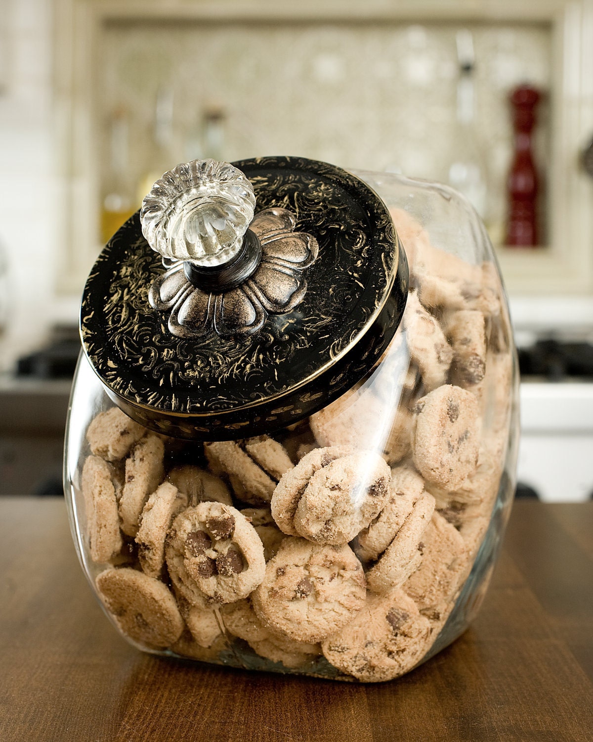 Hand Painted Cookie Jar Regal Black & Gold Vintage Style with gorgeous glass knob by Countertop Couture