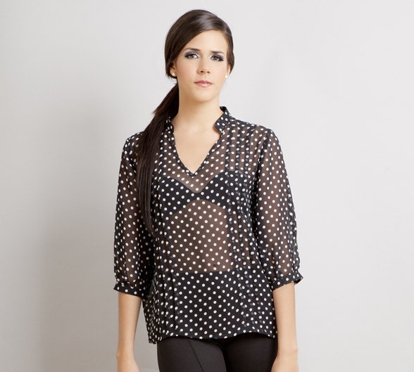 Stella Polka dot Pleat blouse shirt top black white S M