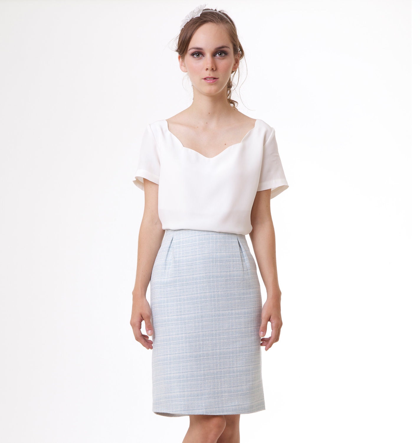 Ready to ship - First Date Silk scalloped blouse shirt top off white Spring pastels S M L