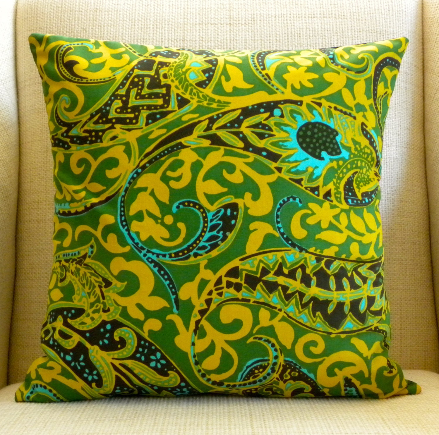18 x 18 Pillow Cover - Vintage Green and Mustard Paisley