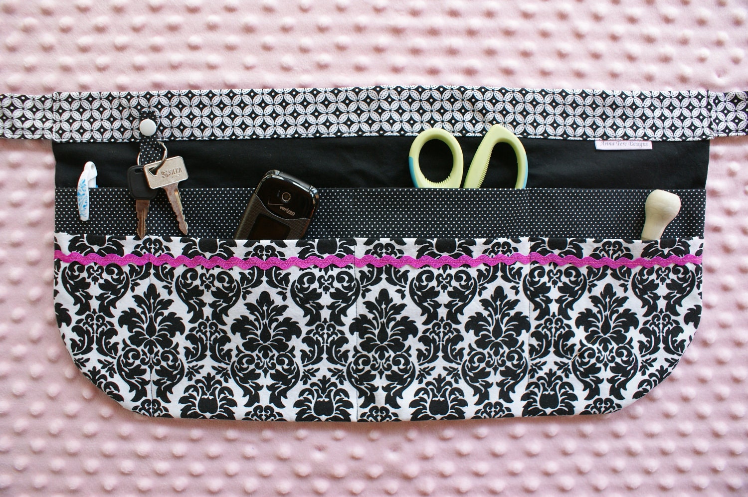 Utility Apron with 8 pockets and hook in Black, White and Pink