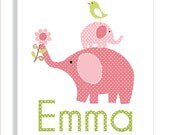 Elephants, Birds, Owls and Tree Childrens Art Prints, Nursery Wall Art -Pink, Brown, and Green- Set of three 8x10 Personalized