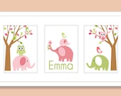 Childrens Art Prints, Nursery Wall Art, Baby room decor , - Elephants, Birds, Owls and Tree- Pink and Green- Set of three 11x14 Personalized