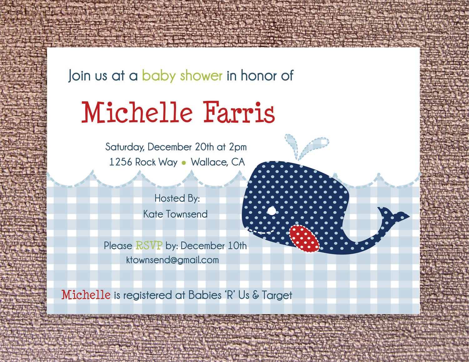 Baby Shower Invitations- Navy Blue Whale Pottery Barn Inspired 4x6