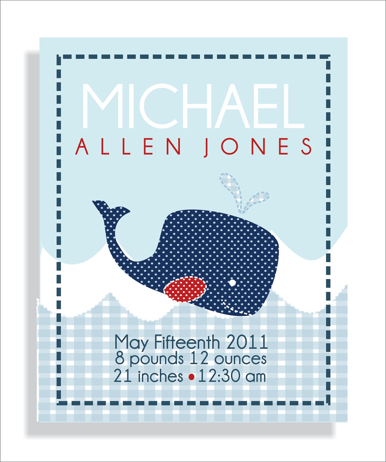 Jackson Whale Birth Announcement, Baby boy, Nursery Wall Art, Childrens Art Print, Pottery Barn inspired Navy Blue- 8x10