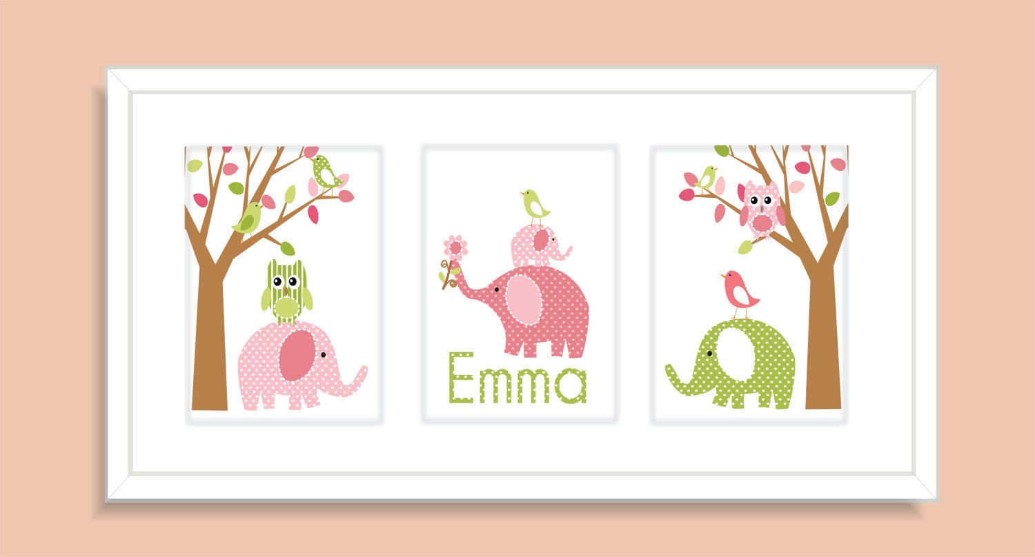 Childrens Art Prints, Nursery Wall Art, Baby room decor , - Elephants, Birds, Owls and Tree- Pink and Green- Set of three 11x14 Personalized