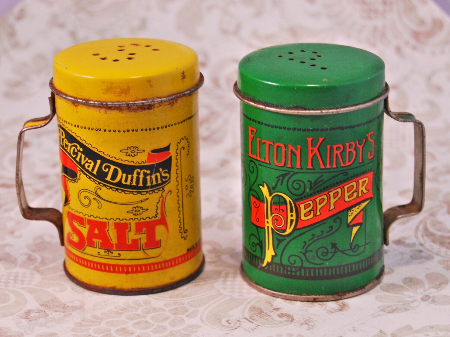 Vintage Tin Salt and Pepper Shakers by somethinfromtheheart