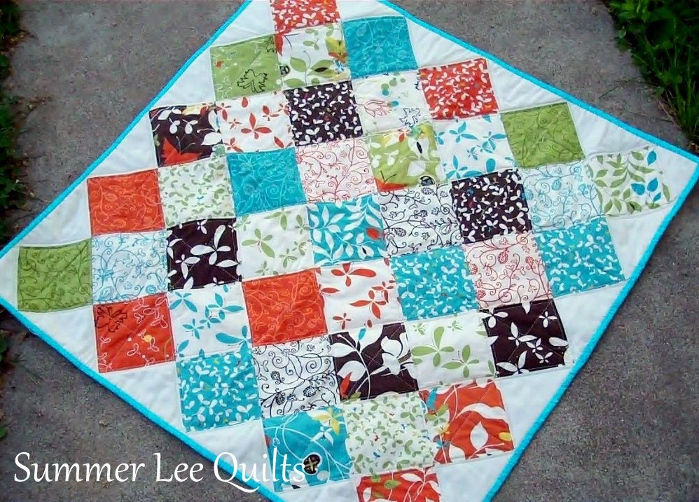 Modern Patchwork Baby Quilt with Butterflies in Brown, Orange, Blue, and Green - Ready to Ship