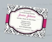 Bridal Shower Invitation, Birthday Invite, Black and White Damask and Dots, Custom Accent Color -- Digital Printable