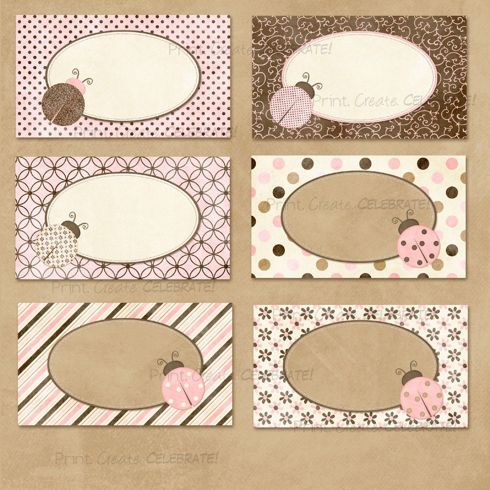 Ladybug Party Supplies, Buffet Labels and Place Cards, Pink and Brown -- Digital Printable
