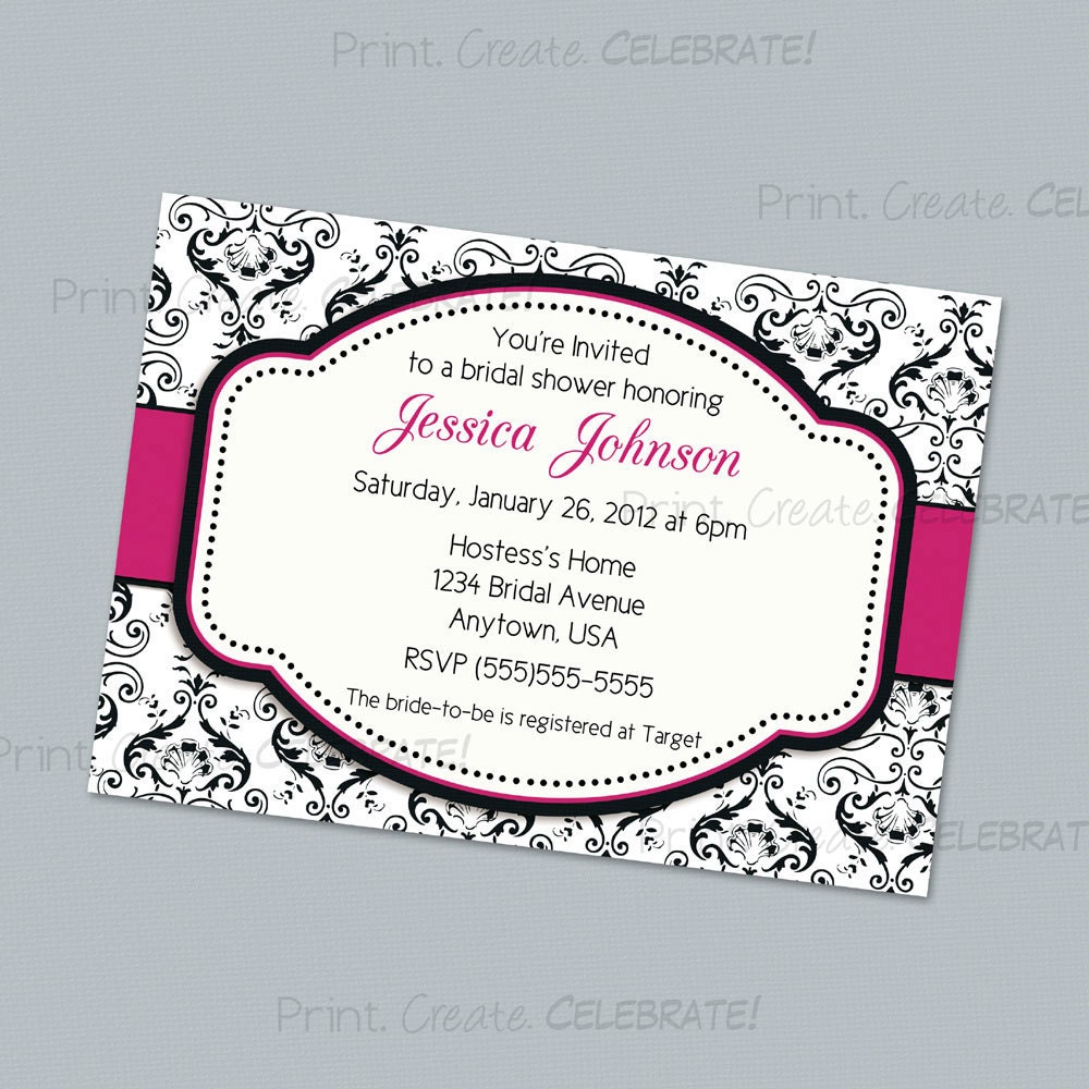 Bridal Shower Invitation, Birthday Invite, Black and White Damask and Dots, Custom Accent Color -- Digital Printable