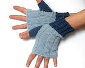 Fingerless Gloves Elongated Cable Winter Women Knitted, Elegant Wool Acrylic Light Dark Blue Hand Warmers - KG0009 - Aimarro