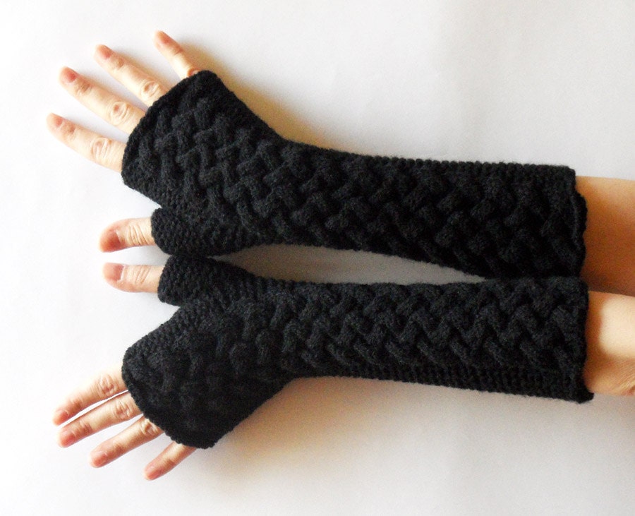 Black Fingerless Gloves Knit Cable Arm Warmers Winter Long Hand Warmers - KG0013 - Aimarro