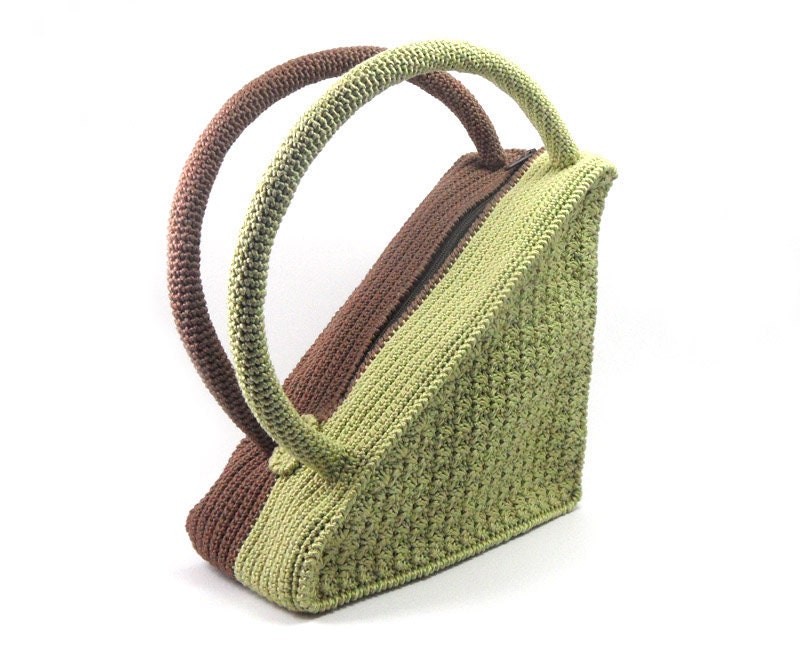 Crochet Triangle Bag, Brown High Fashion Geometric Olive Cotton, Spring Summer, Made to Order - CB0005 - Aimarro