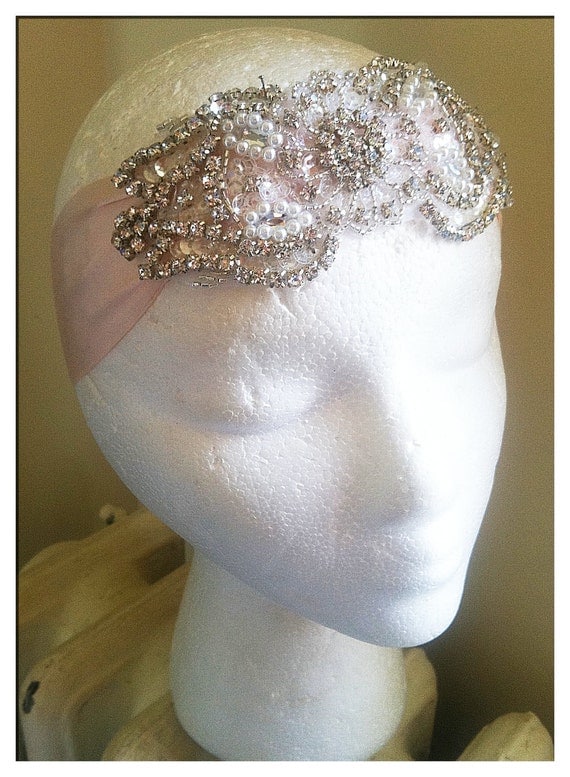 Hawthorne Pastel DECO Crystal and Pearl Headpiece/Headband-Different Color Silks Available-Vintage Bride 1920s Wedding The Great Gatsby