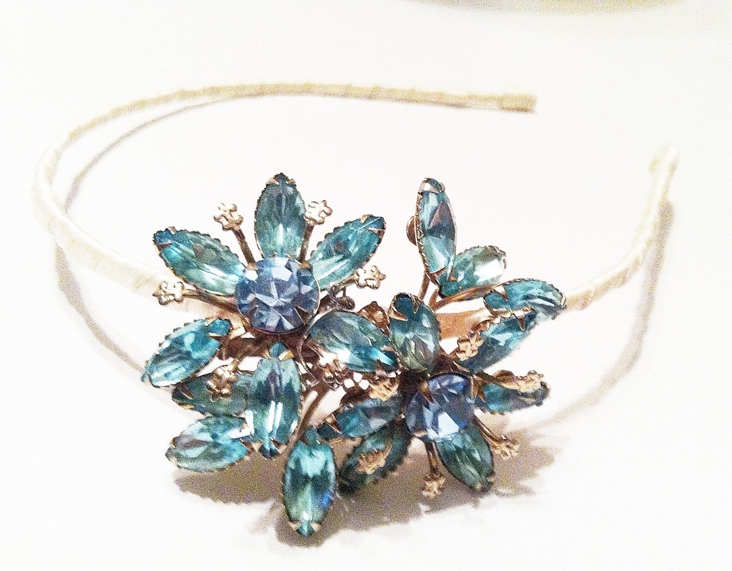 Something Blue-Crystal Blue Vintage Flower Bridal Headband-Romantic Vintage Bride Wedding Baby Blue Rhinestone Headband