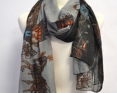 Horse and Carriage Equestrian Print Scarf Wrap Shawl Gift Idea Black