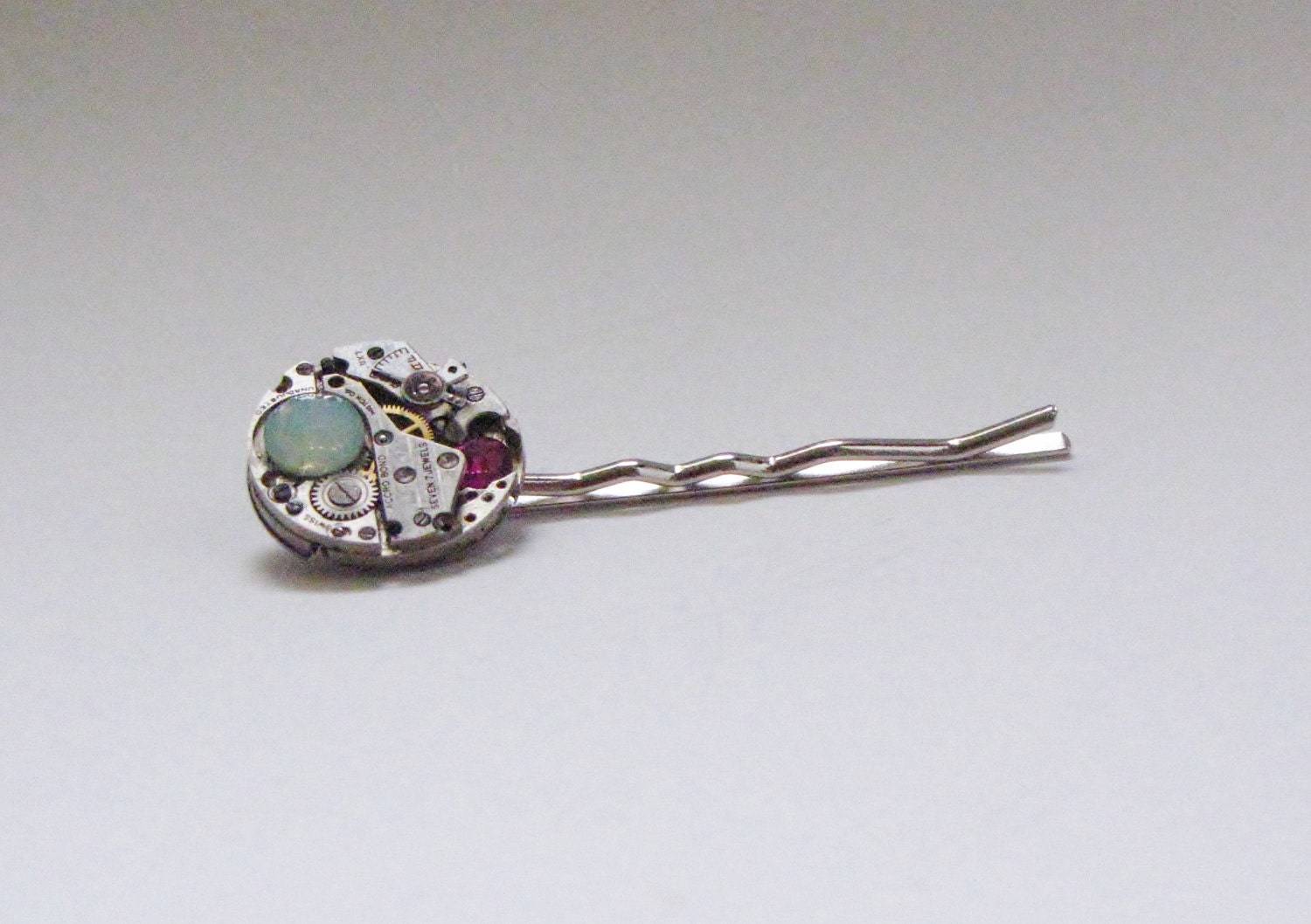 On Sale - STEAMPUNK BOBBYPIN - Vintage Watch Movement Swarovski Rose and Opal Crystals - Hair Clip -Neo Victorian Fashion Accessory