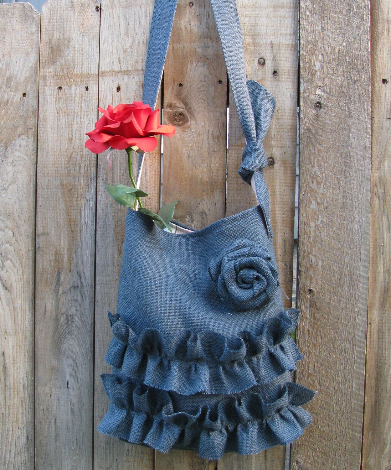 Blue Burlap Tote Bag Rustic Wedding  Shoulder Bag