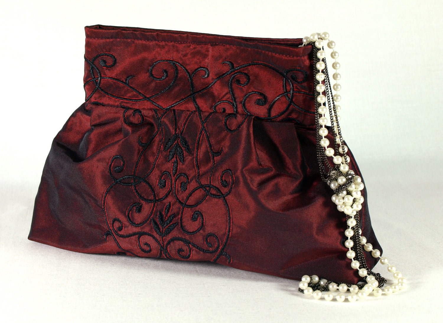 Pouch Burgundy Embroidered Taffeta Elegant Evening Bag Women Gift Designer Pattern Ready to Ship.