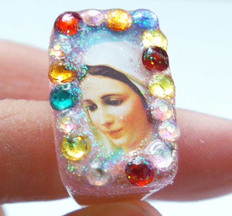 Virgin Mary in Swarovski Crystals and Pink Glitter