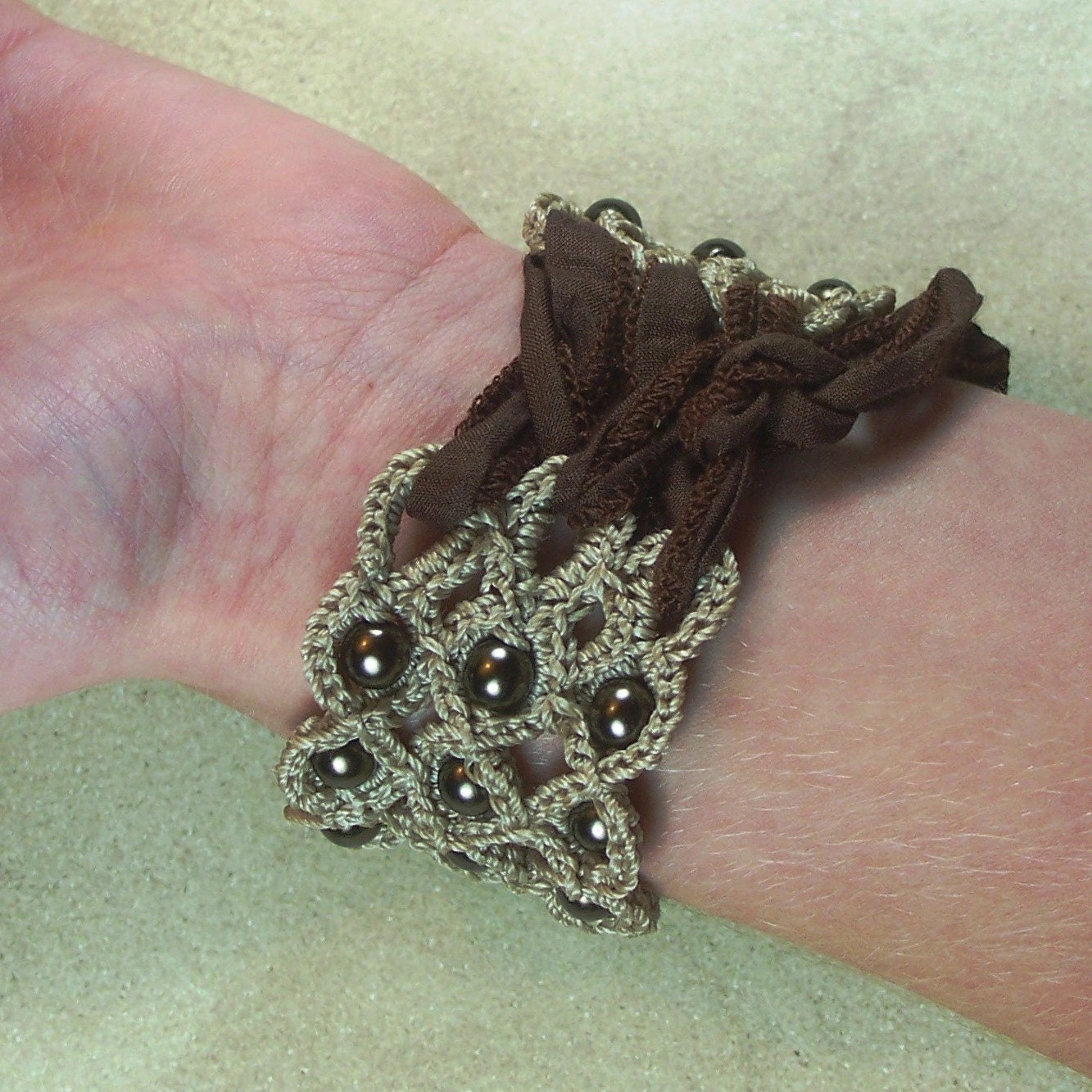 Crochet Jewelry, Bohemian Bracelet or Cuff, Natural brown shades - adjustable