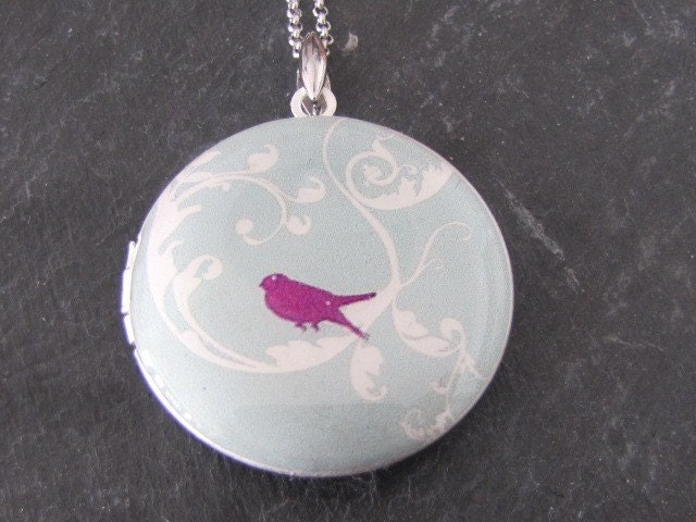 Bird on a brach - Silver plated photo Locket Necklace, pendant necklace