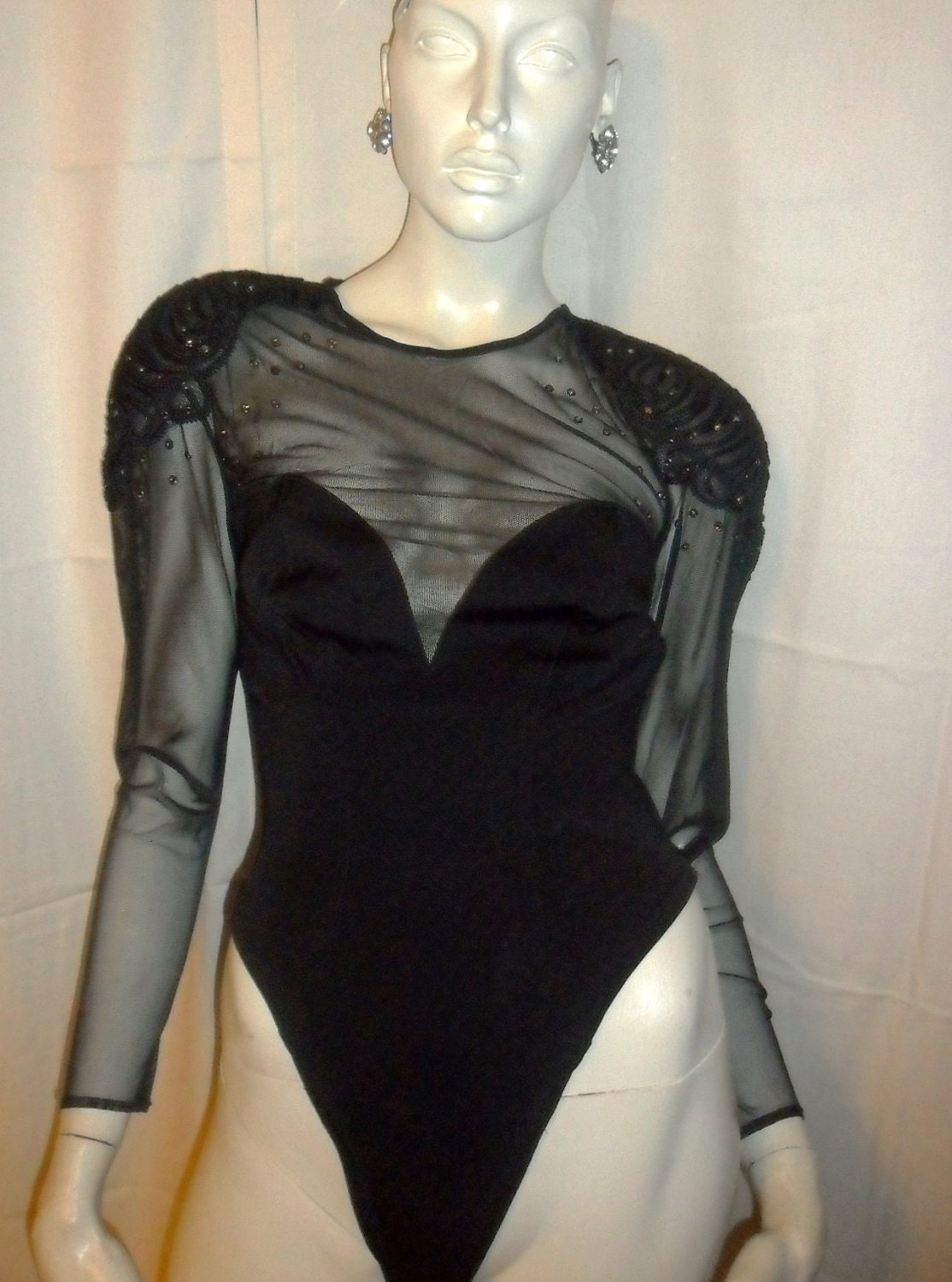 Vintage 80's Lady Ga Ga TADASHI Sexy Embellished BODYSUIT Black Mesh Bandage Holiday Party Ready