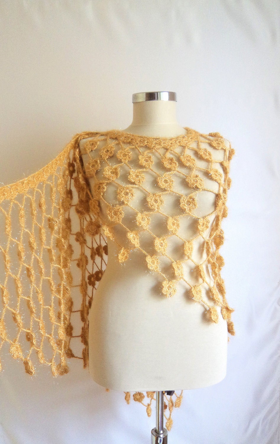 Shawl capulus lacte Caramel Daisy Pansy Flower Shawl (orginal shiny  rope) floral flower crochet mother caramel yellow warm wrap collar cowl