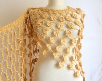 Shawl capulus lacte Caramel Daisy Pansy Flower Shawl (orginal shiny  rope) floral flower crochet mother caramel yellow warm wrap collar cowl