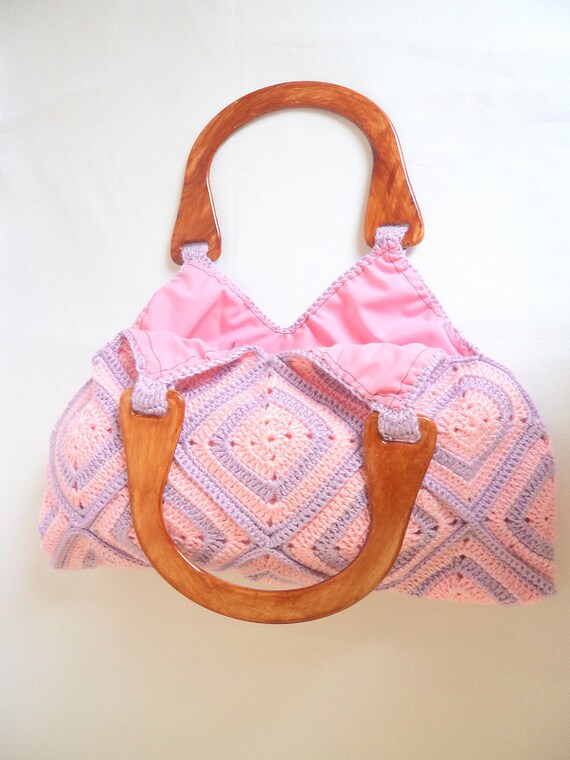 Free ship,Pink Liliac Handmade,knit bag,purse,clutch,purse,for her, Afghan ,Striped  ,fashion,Handbag,Shoulder Bag,seasonal Bag,gift idea