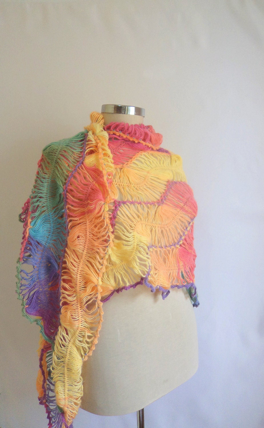Rainbow Shawl Multicolor ,wedding,bride, gift,winter,handmade,lace,scarf,collar,cowl,stole,necklace,romantic