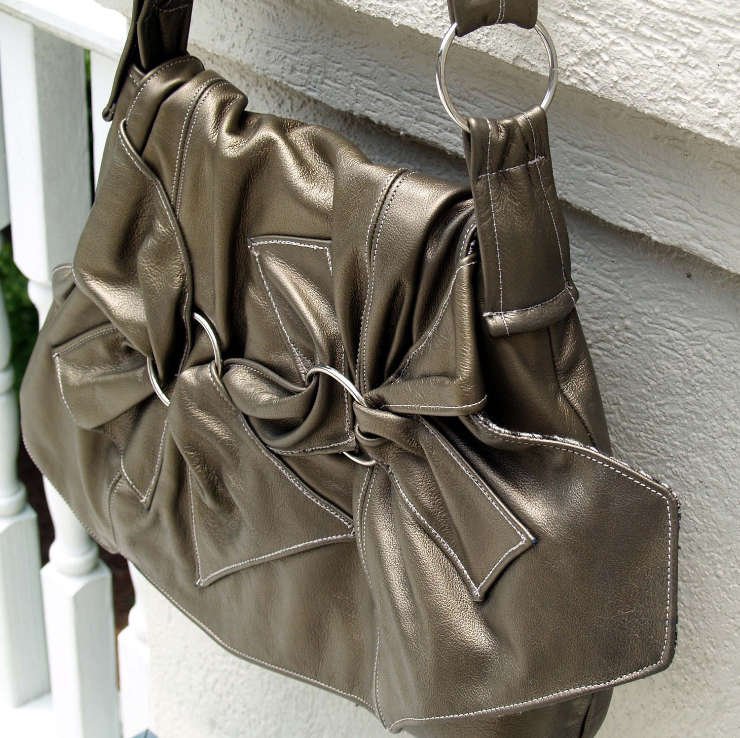 Bronze Metallic Leather Hobo Shoulderbag Handbag