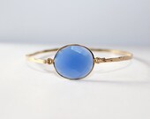 Hand Hammered 14k Gold-Filled Deep Blue Chalcedony Bezel Set Bangle
