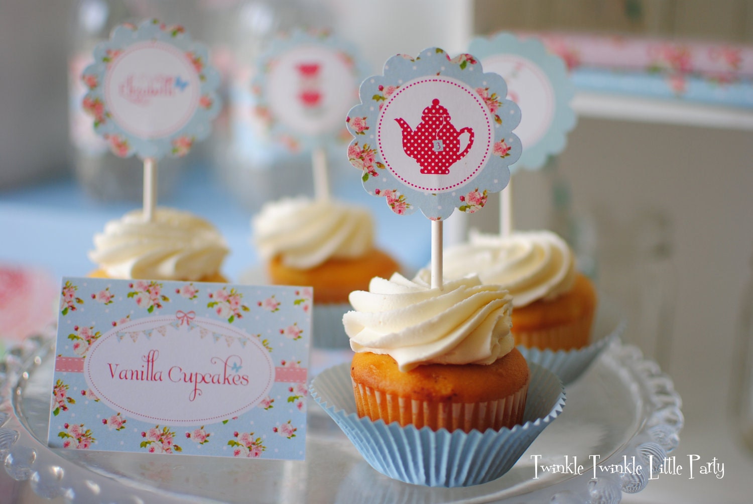 Blue Floral Shabby Chic Tea Party Collection Customized Buffet Tent Cards