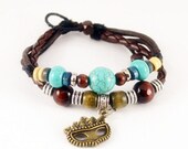 Bracelet Cuff Bangle Bracelet Leather Bracelet Jewelry Bracelet with Blue Turquoise and Wooden Bead (T30)