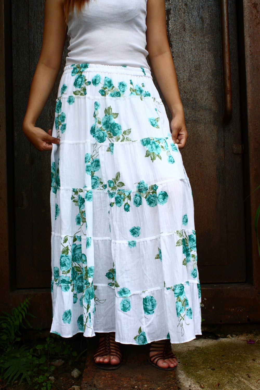 White Cotton with Emerald Rose Printed Six Layers Soft Cotton Skirt