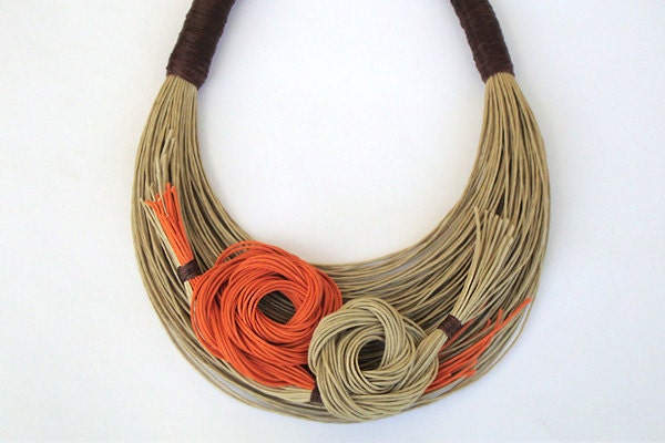 Natural and Orange Fiber Statement Necklace