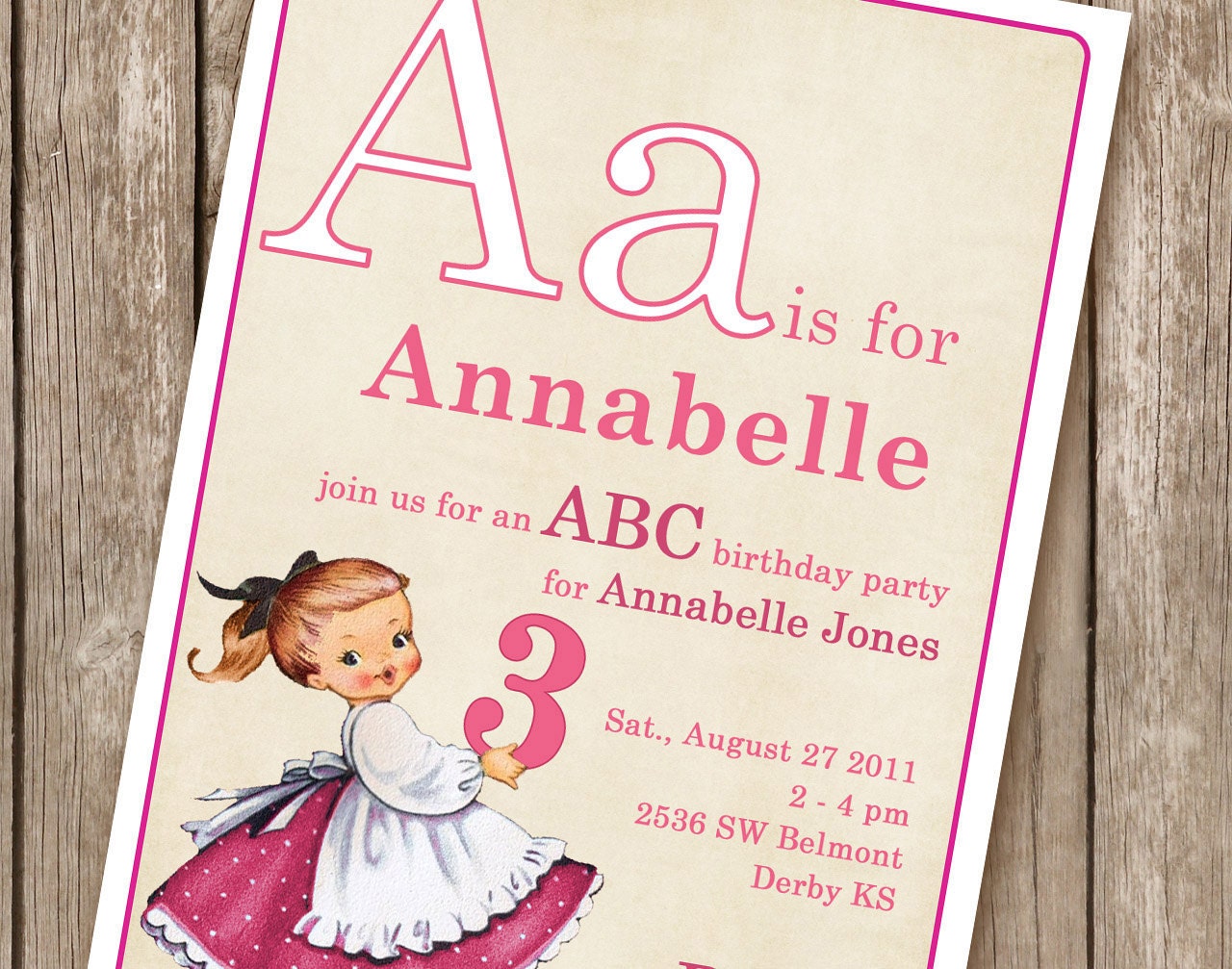 Vintage ABC Flashcard Invitation - girl - perfect for a birthday party for any little girl or boy - customized to any color (DEPOSIT)
