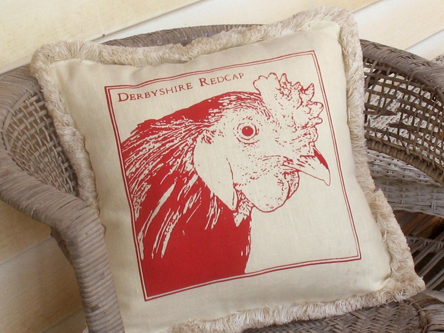 Linen Rooster Pillow, Handmade, with Fringe