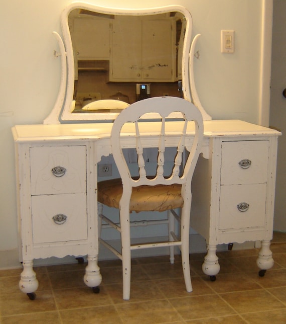 Fabulous White Vintage Shabby Chic Vanity, Mirror & Chair