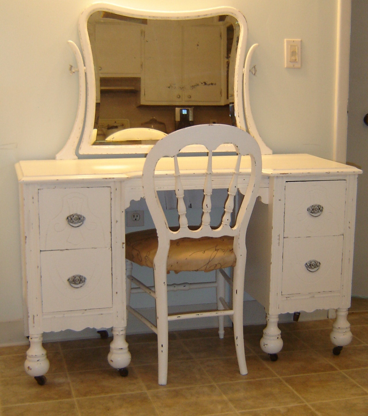 Fabulous White Vintage Shabby Chic Vanity, Mirror & Chair