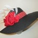 Wide Brim Hat Black Embellished With Red Polka Dot Ribbon 2 Red Flowers & White Feathers