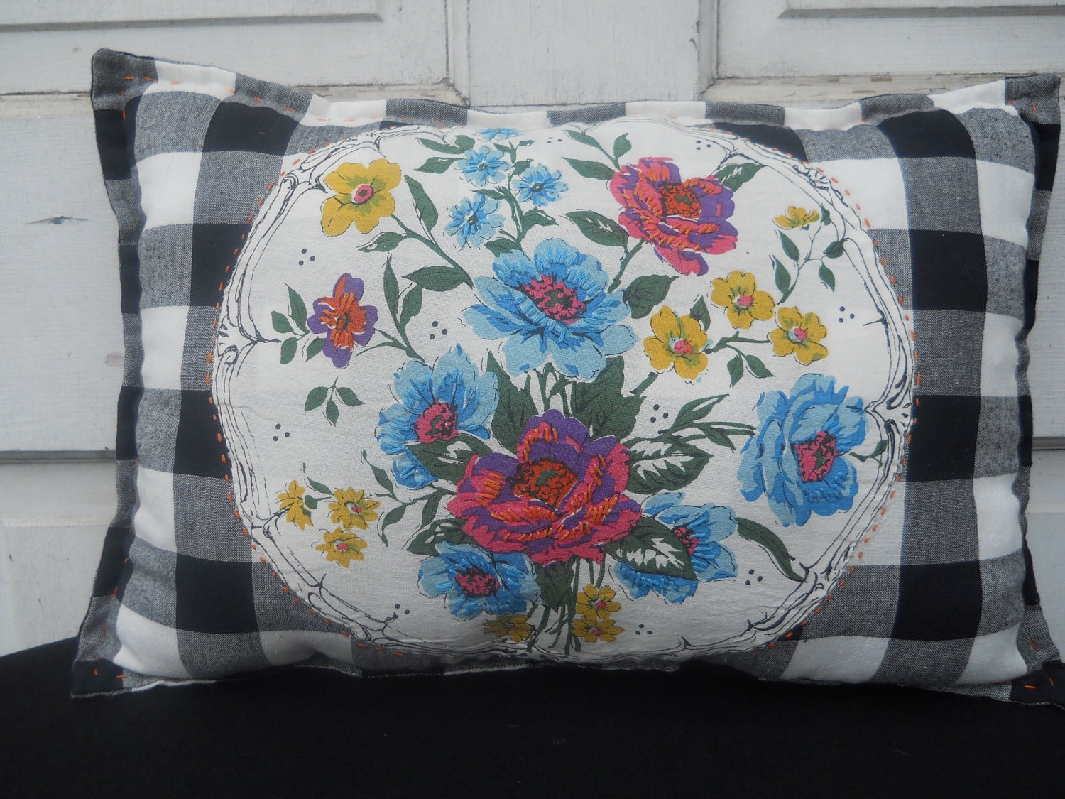 Big Black & White Check Pillow with Applique
