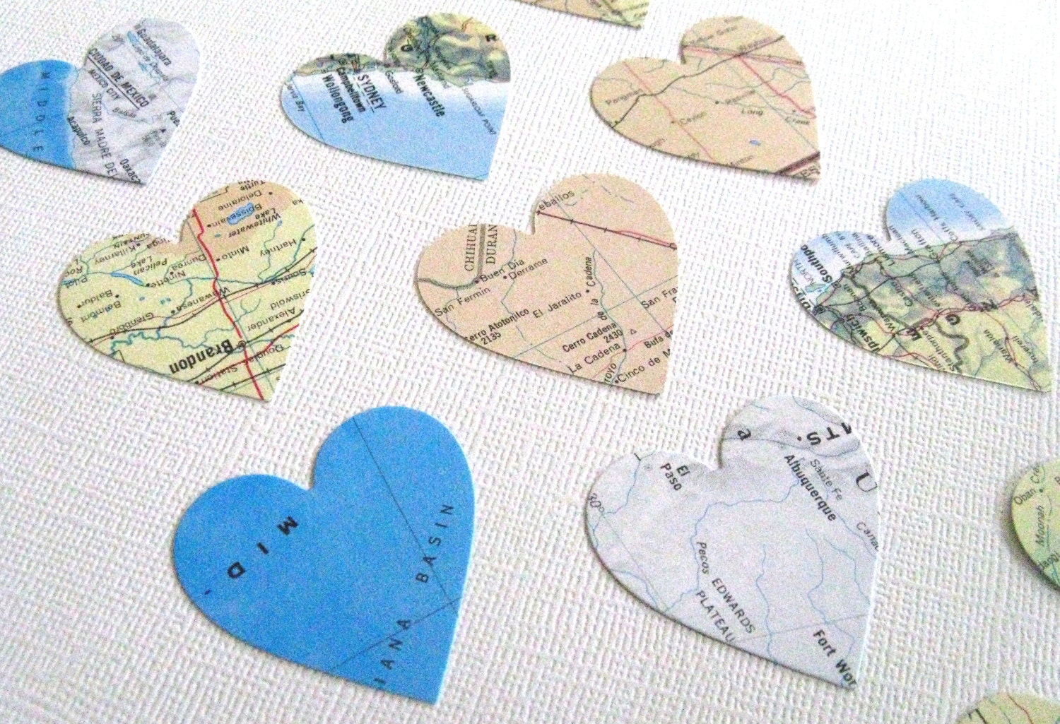100 Large Die Cut Hearts, Handmade, Vintage Map, Confetti, Embellishments