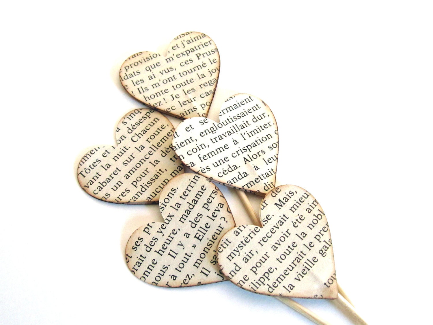 18 Cupcake Toppers, Party Decor, Vintage French Text Hearts, Valentine's Day