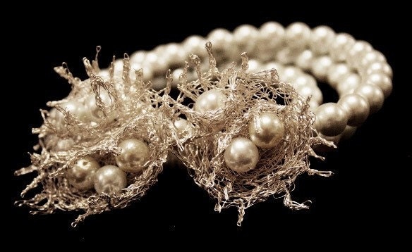 Charming Bridal three strand bracelet with white Swarovski pearls