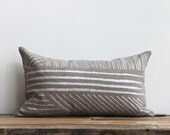 Karnataka pillow cover hand printed in metallic silver & taupe organic linen 12x21 lumbar
