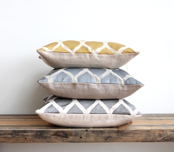 Throw pillow cover- Aya Metallic silver hand printed on greige organic hemp 20x20