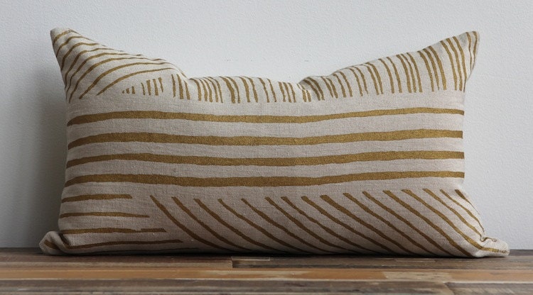 As seen in BETTER HOMES and GARDENS. Karnataka metallic ink hand printed on Natural Ecru organic hemp pillow cover 12x21